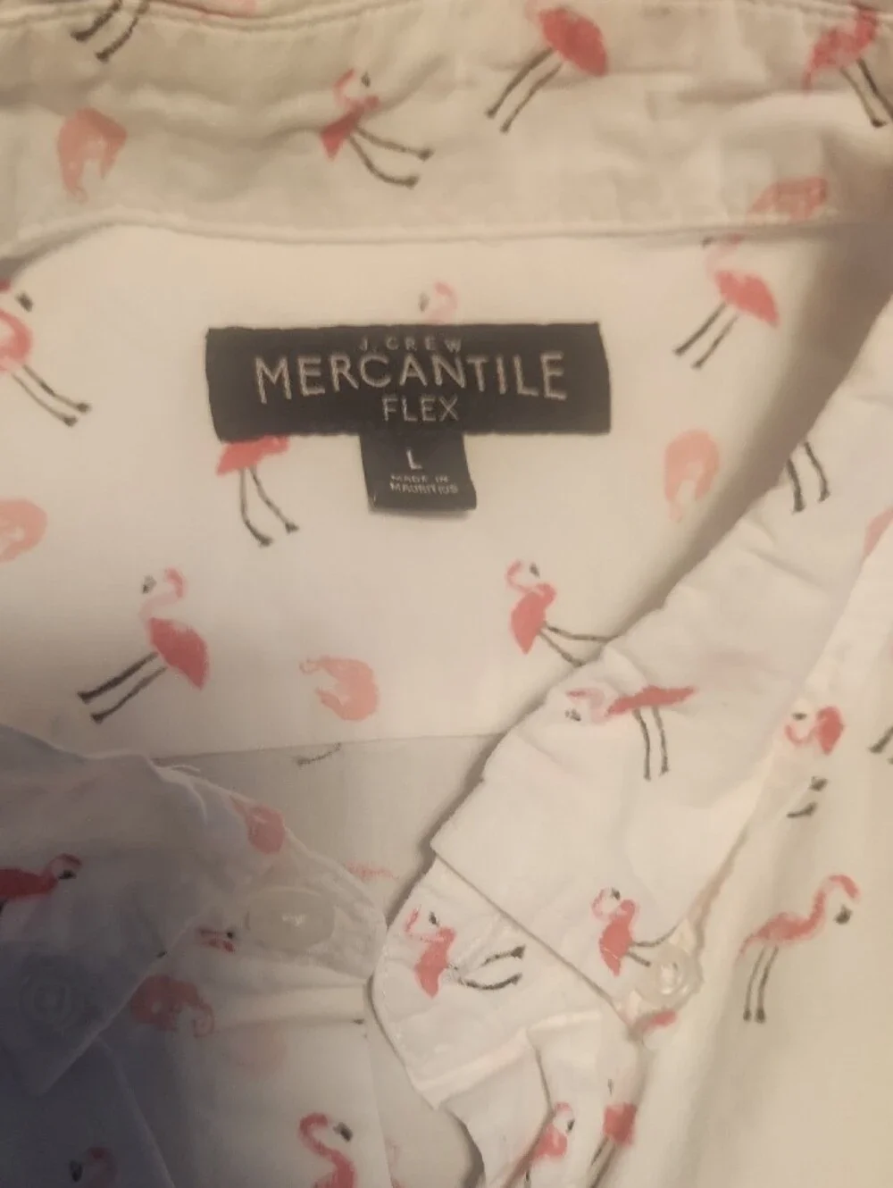 White Button-Up Shirt with Pink Flamingo Pink Shrimp Print Large